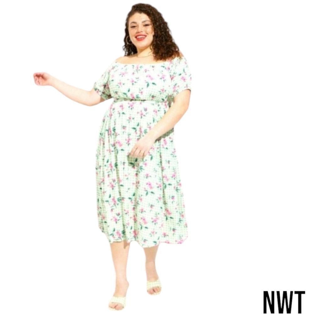 TORRID Retro Chic Midi Gauze Puff Sleeve Green Floral Skater Dress Size 1X
